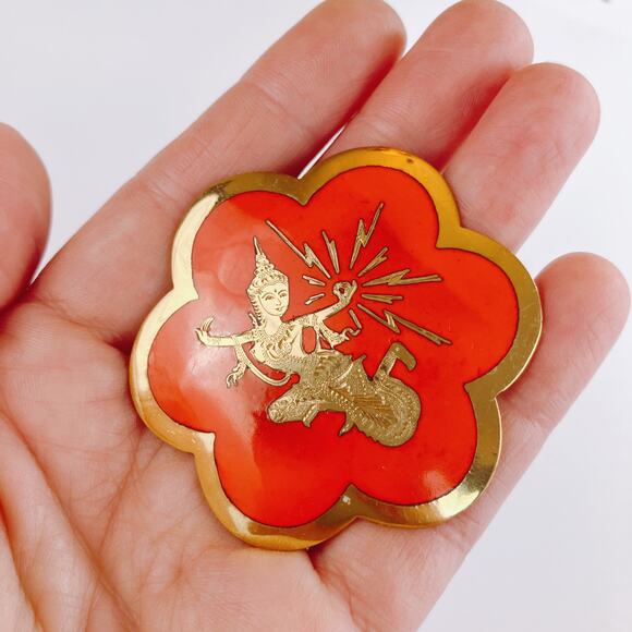 VTG Mid Century Brooch Siam Red Enamel Gold Tone Floral Thai Dancer Motif - Picture 3 of 11